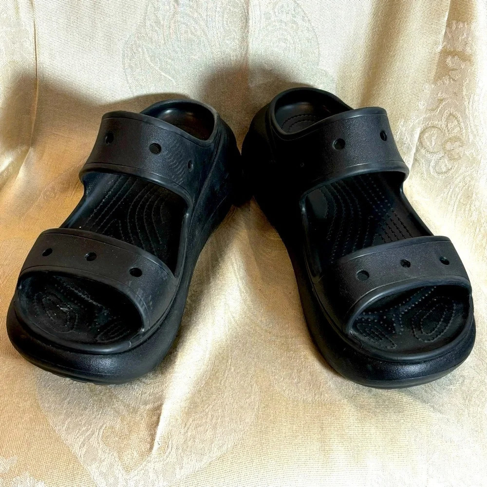 CROCS Sz 11 Classic Crush Iconic  Comfort Chunky Wedge 2 Straps Slip On Slides